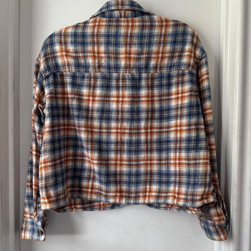 American Eagle Outfitters Crop Plaid Flannel Button Up Shirt Blue Orange Size M - Picture 5 of 8